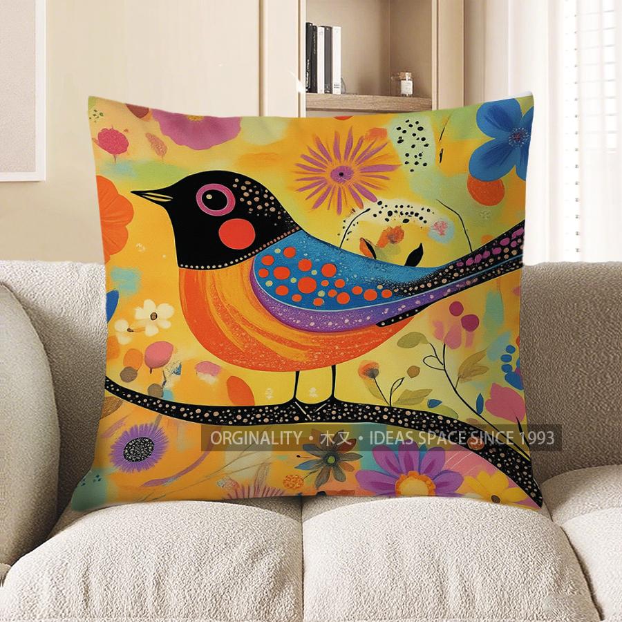 Home Decor Colorful Birds And Flowers Decorative Pattern Cushion Cover Suitable For Sofa Bedroom Car Pillow Cover