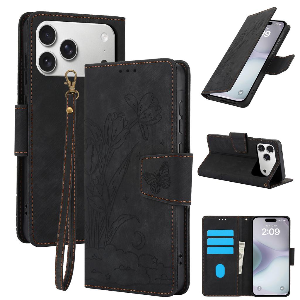 For iPhone 17 Pro Case Flower Butterfly Leather Wallet Phone Cover with Hand Strap