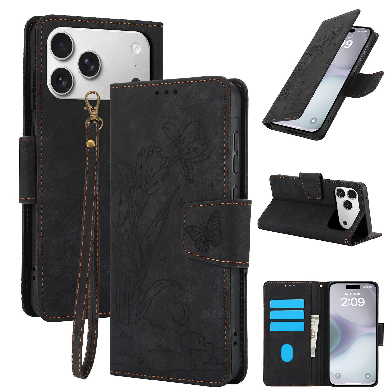 

For iPhone 17 Pro Case Flower Butterfly Leather Wallet Phone Cover with Hand Strap