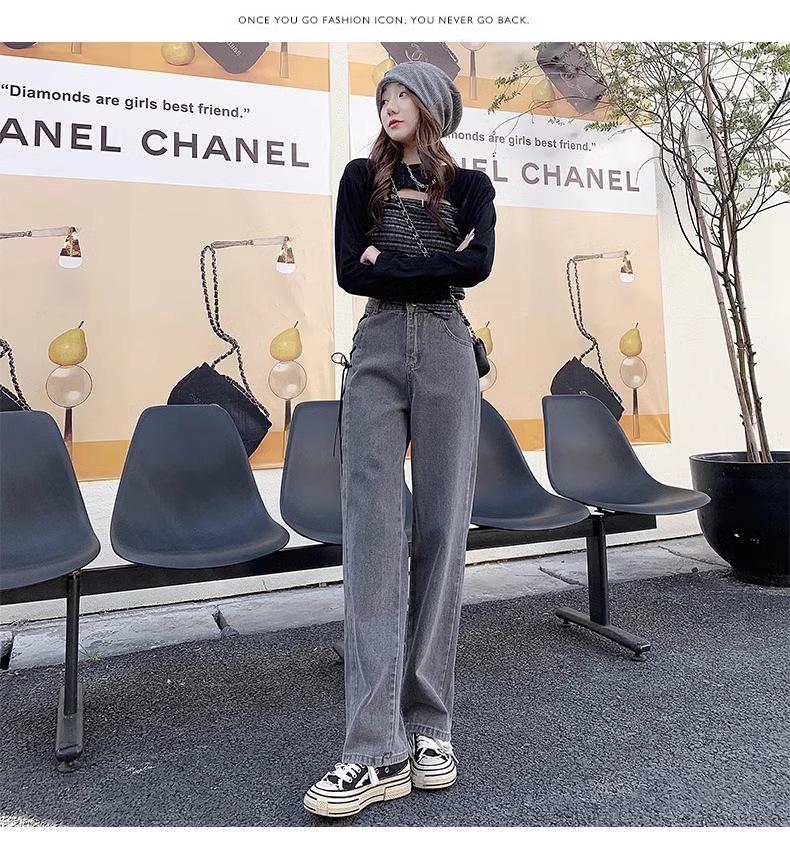 Dámské podzimní korejský styl kouřově šedé džíny s vysokým pasem na zavazování a širokými nohavicemi