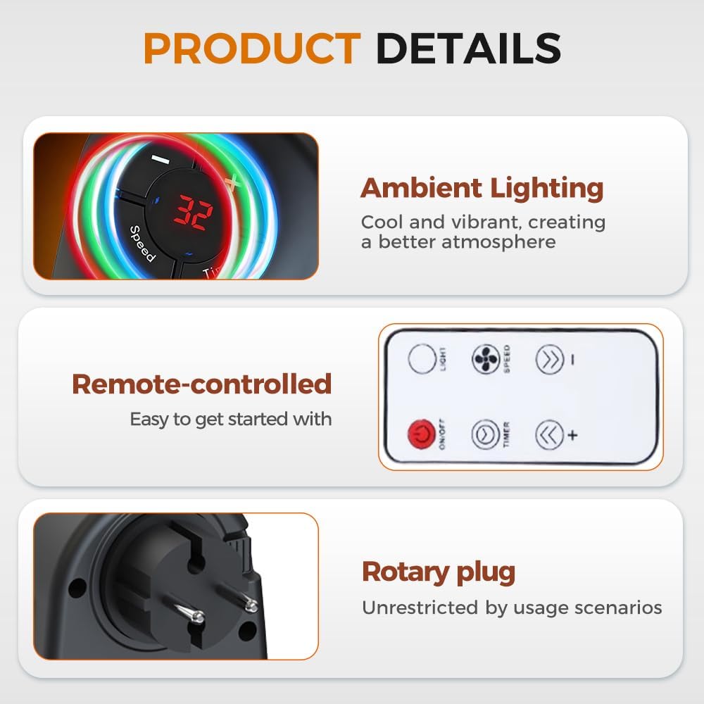 Remote Control Timing Color Lamp Heater, Portable with Adjustable Thermostat and Timer LED Display, Outlet Electric for Bathroom Office Home Indoor