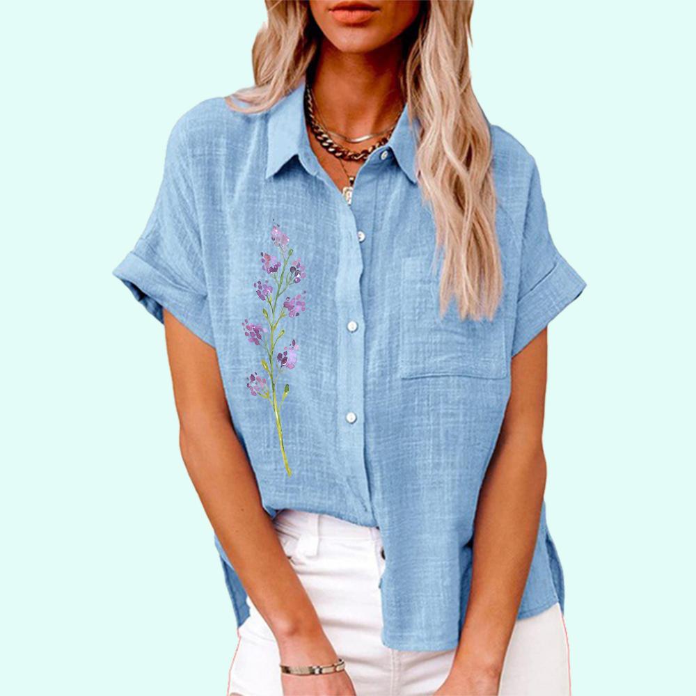 Ženy Móda Květinový potisk Tričko Léto Ležérní Top s klopou Krk s kapsou Podzim Tričko Volný Krátký rukáv Dámské Ležérní Lněné halenky