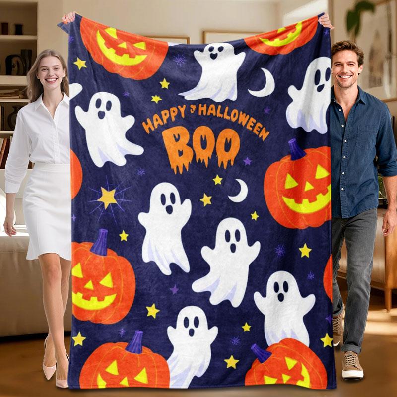 

1 piece Halloween-themed navy blue flannel blanket with ghosts and pumpkins, soft, suitable for sofa, bed, office, all-season us 70x100cm