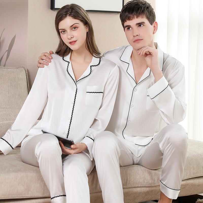 Seiden Langarm Partner Pyjama Set für Frühling, Herbst und Sommer: Herren Eis-Seide, Damen Herbst/Winter-Bekleidung