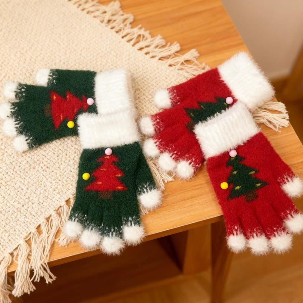 Red Green Christmas Gloves Plush Cuff Touchscreen Full Finger Winter Knit Mittens Gift Giving