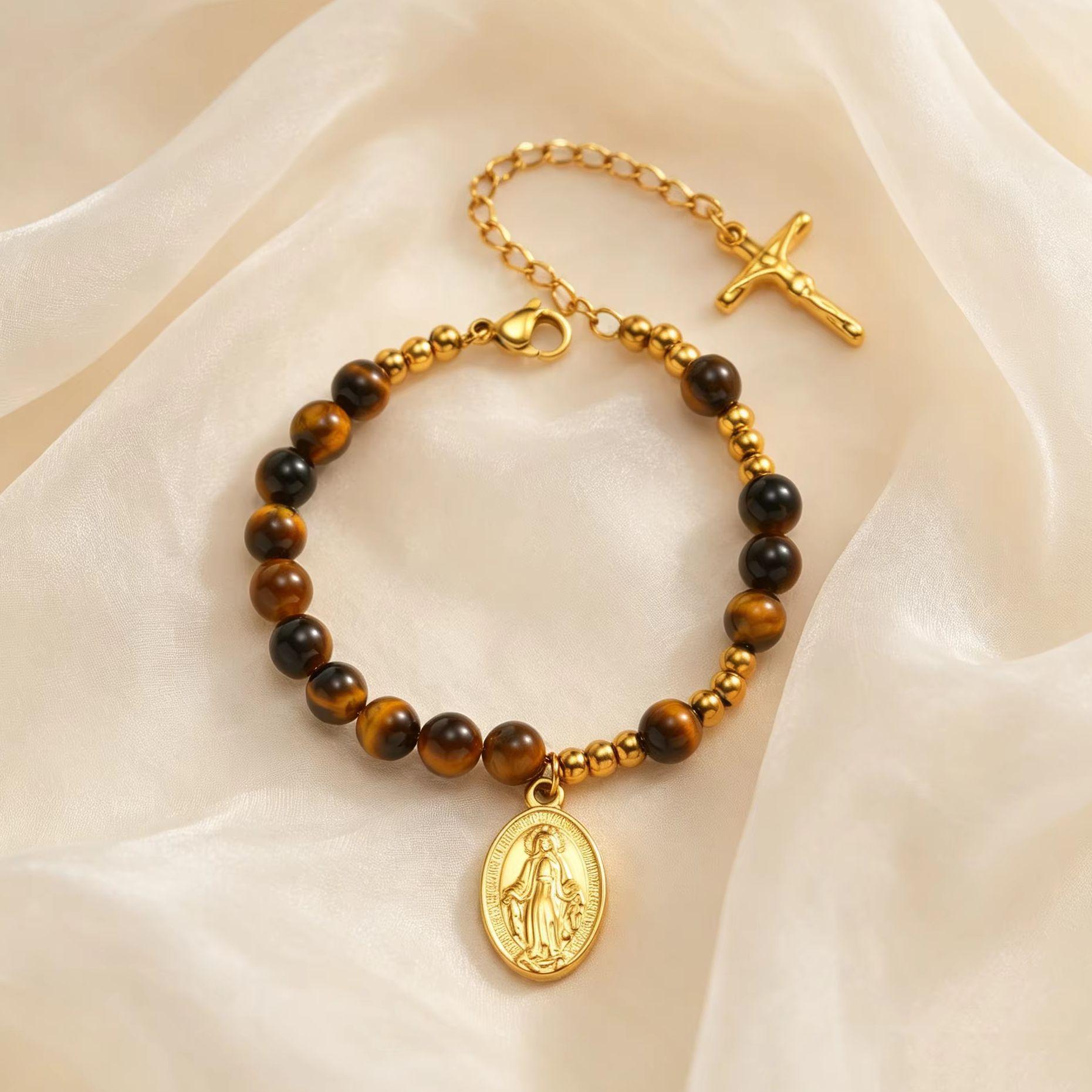 Tiger Eye Stone Beaded Bracelet for Women Stainless Steel Jesus Virgin Mary Gold Plated Bracelet Natural Stone Religious Jewelry