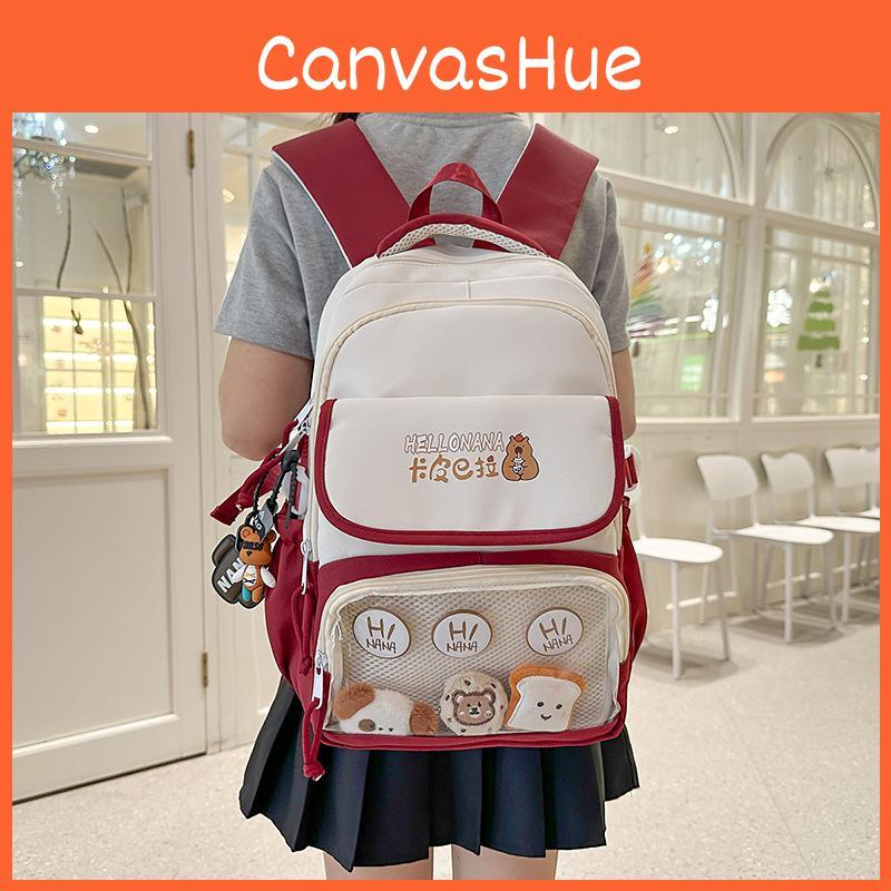 Capybara Color Blocked Letter Print Student Backpack With Pendant And Badge