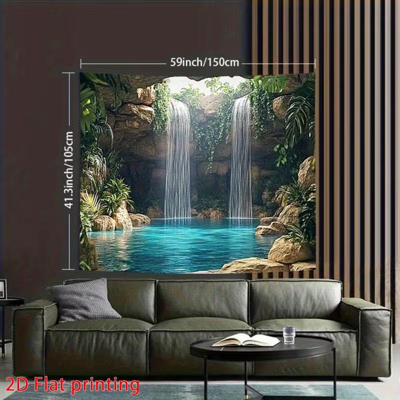 2D Jungle Cave Waterfall Wall Tapestry Blue Lagoon Background Cloth for Home Decor