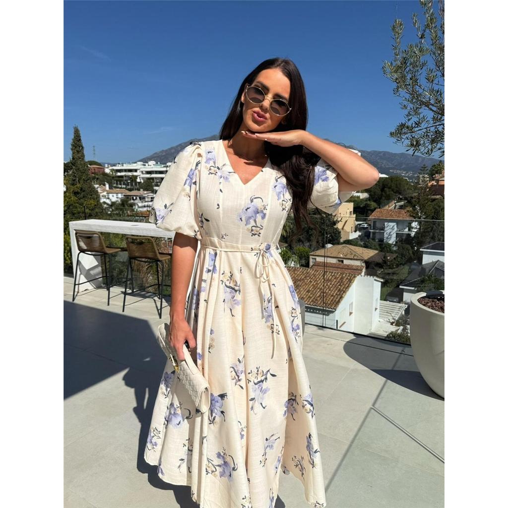 Summer New Women's Short Sleeve Printed Dresses Tie Waist Large Swing Dresses