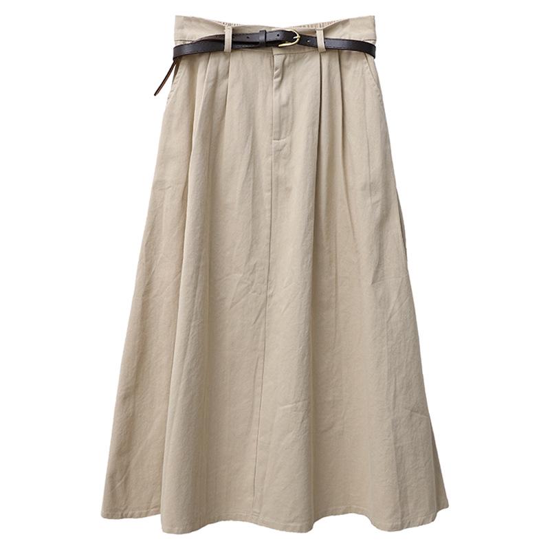 Versatile Washed Cotton Midi Skirt - High Waist, Solid Color, Double Pockets, Slimming A-line for Women, Early Autumn.