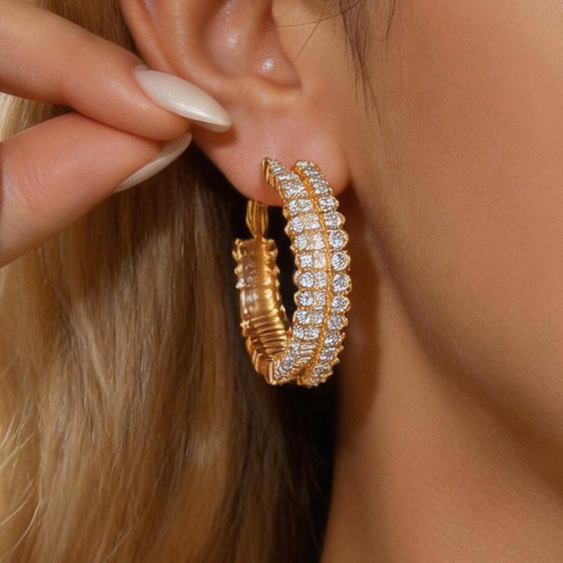 Silver Needle Cubic Zirconia Round Hoop Earrings - Luxury Niche Style, European & American Fashionable Ear Jewelry.