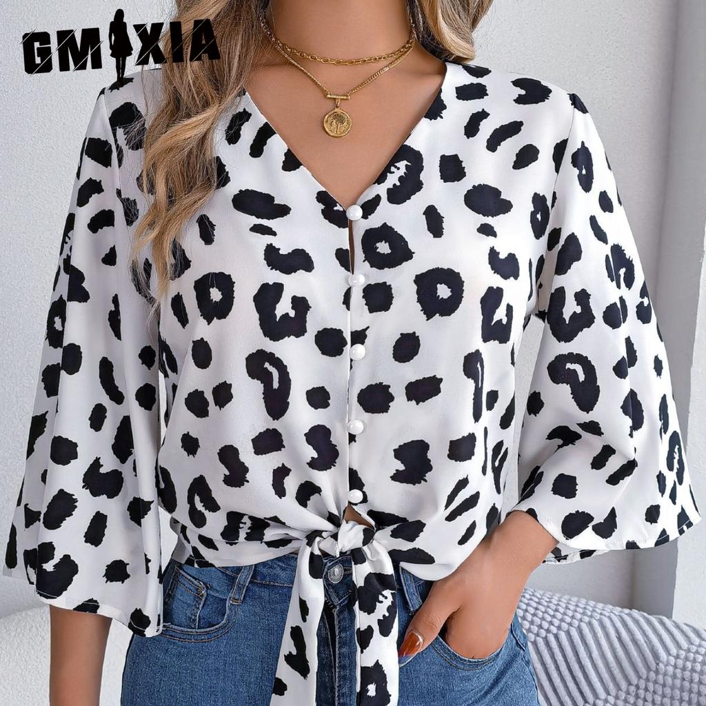 GMXIA Moda damă ocazional de vară imprimeu leopard mâneci jumătăți cu decolteu în V Bluze largi și cămăși din șifon cu șireturi
