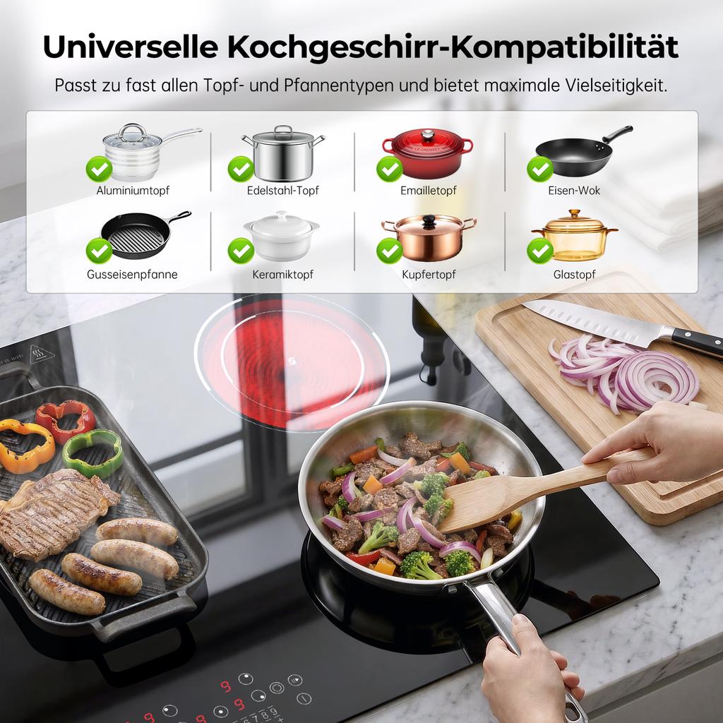 Glass Ceramic Hob, 5 Plates, 8400 W, Hob 90 Cm, with Oval Zone for Roasting Dish and Two Double Ring Zones, Touch Control