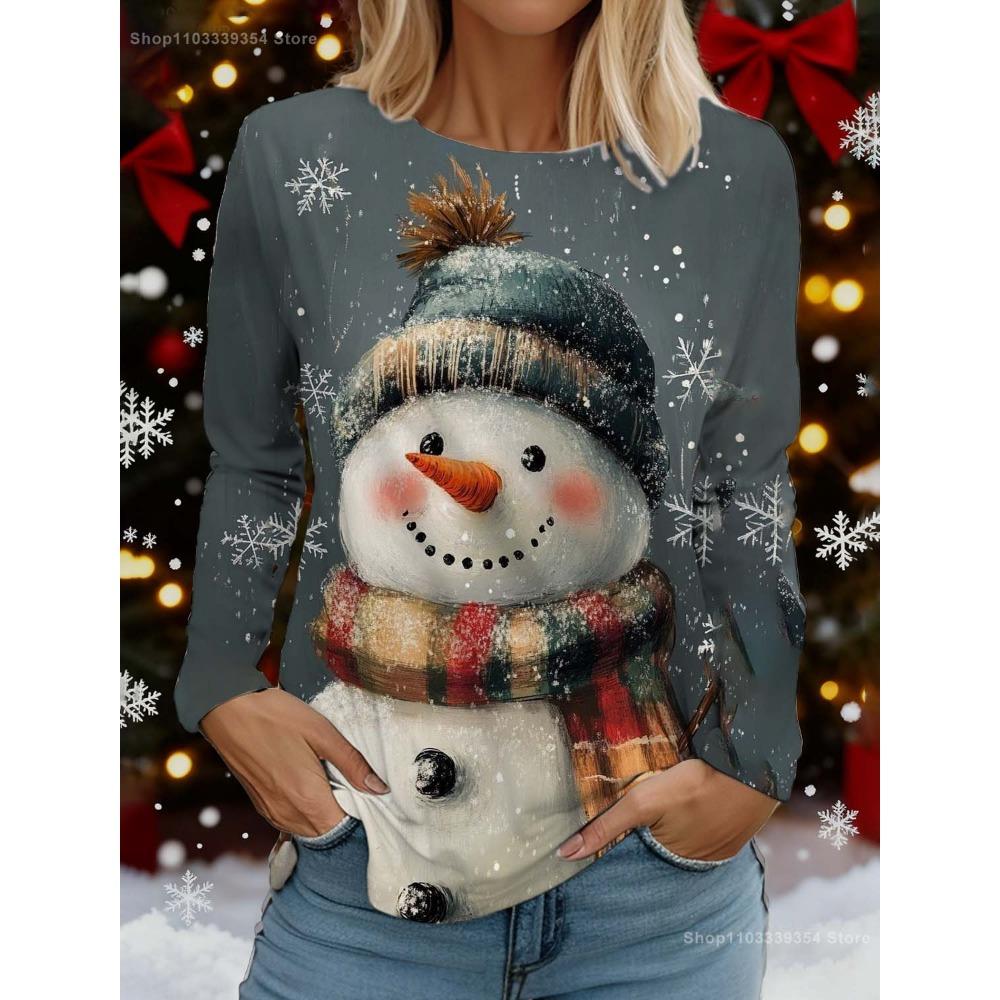 Christmas Cute Snowman 3D Print Round Neck Long Sleeve Women's T-Shirt, New Comfortable and Fashionable Top