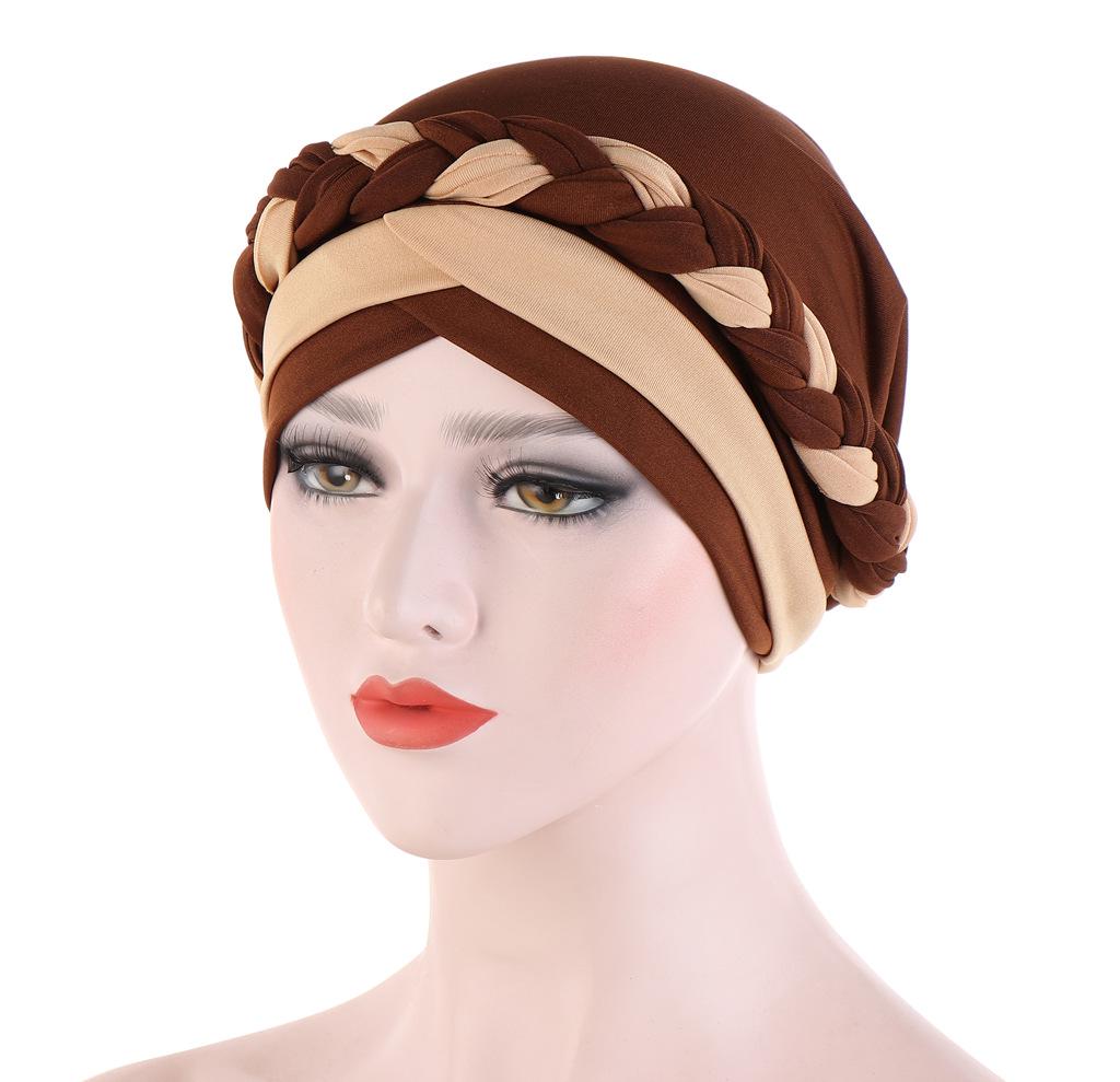 Two-Tone Patchwork Milk Silk Bandana Hat with Short Braid and Hidden Hair Wrap for Muslims