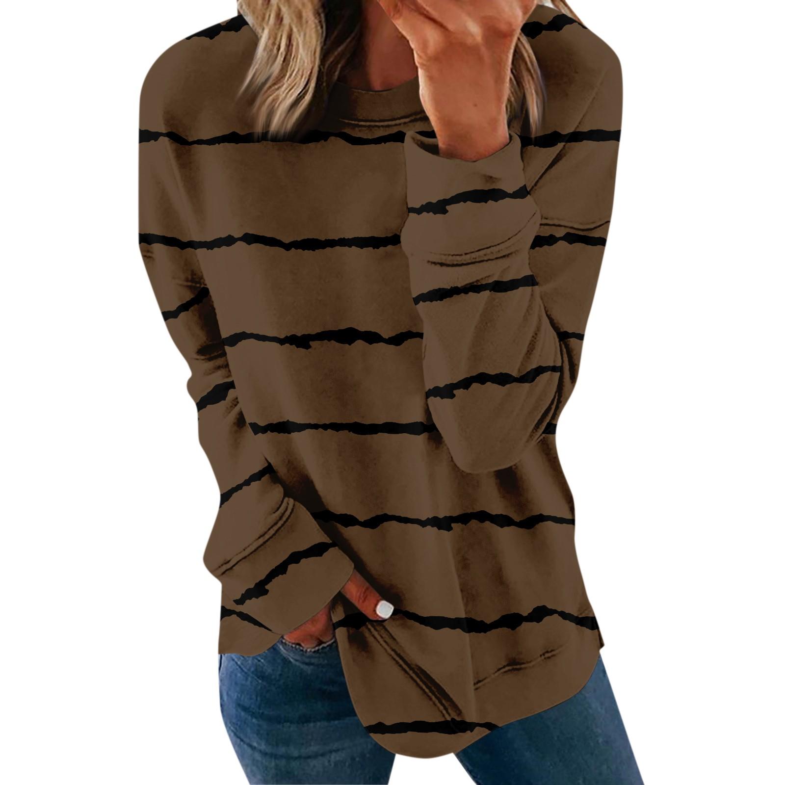 

Women s And Winter Casual Round Neck T-Shirt Printed Long Sleeve Pullover Top S коричневый