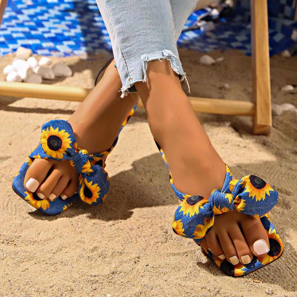 Summer Plus Size Flat Slides for Women, Bow Accent Beach Sandals, Casual Vacation Shoes Matching Swimsuits & Dresses