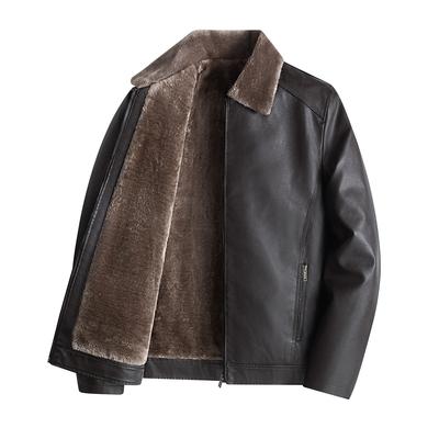Fleece Thickened Leather Jacket Middle-aged and Elderly Men's PU Leather Jacket Autumn and Winter Korean Style Translucent Collar Business Jacket