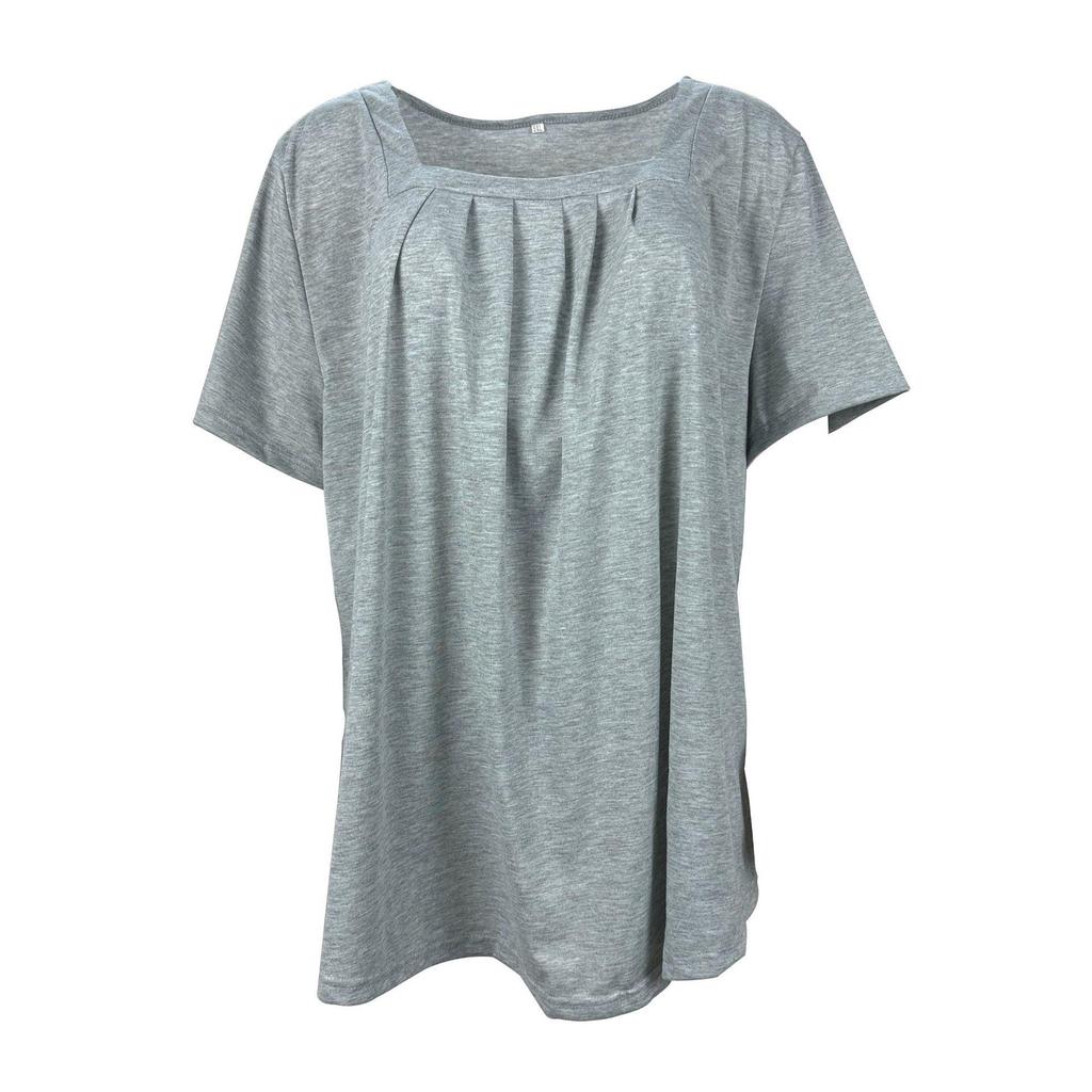 Summer Women's Pleated Square Neck Solid Color Loose Short Sleeve T-Shirt Top