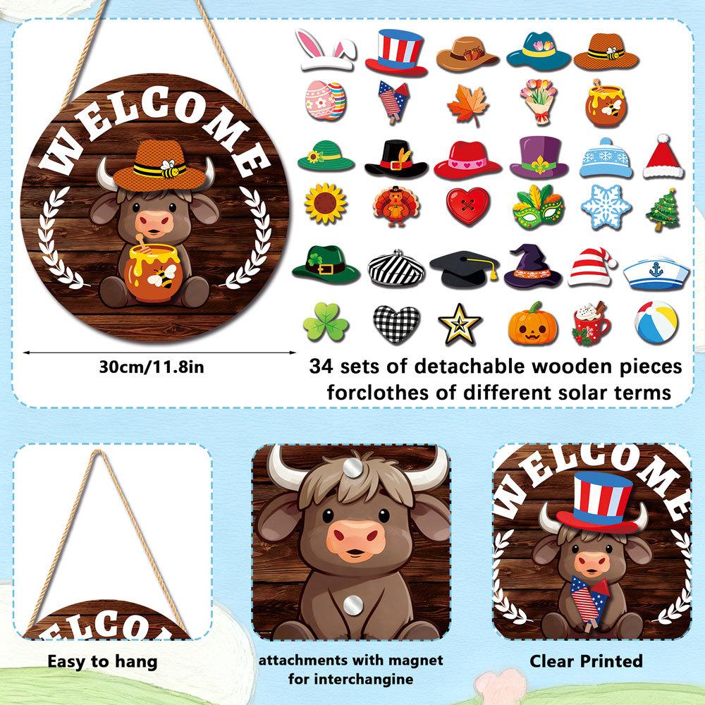 Farmhouse Style Upland Cow Welcome Sign with 35 Interchangeable Accessories Wooden Hanging Decor for Seasonal Use