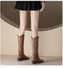 Cowhide Version~ Retro Embroidered Thread Leather Western Cowboy Boots Women's Autumn Pointed Thick Heel Sleeve Versatile Knight Boots Women