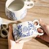 Retro Keramik Kaffeetasse Kreative Doppelhenkel Blaue Gemusterte Tasse Exquisite Nachmittagstee Blumentee Tasse Heim Frühstückstasse Neu
