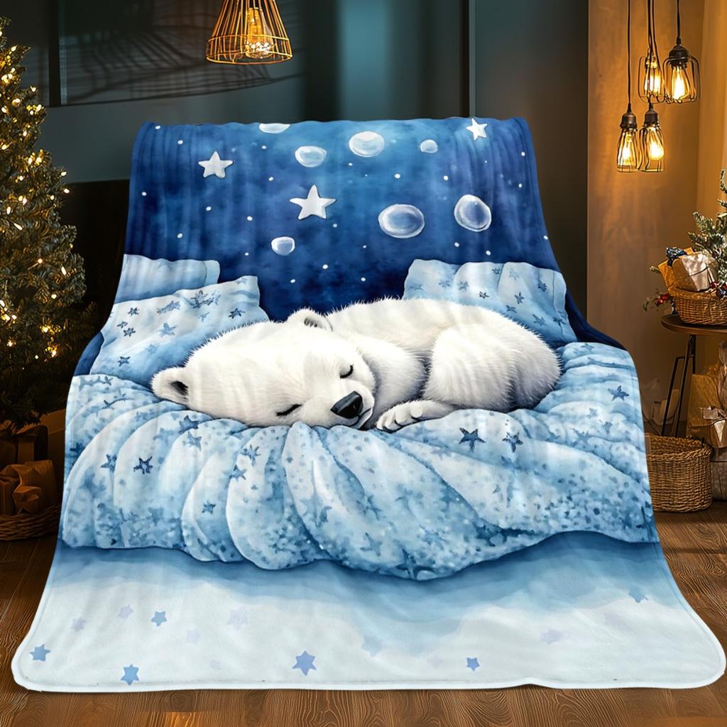 Sleeping Polar Bear Starry Night Blanket Soft Flannel Throw Home Decor Art Print Baby Bedding Gift for Kids and Toddlers