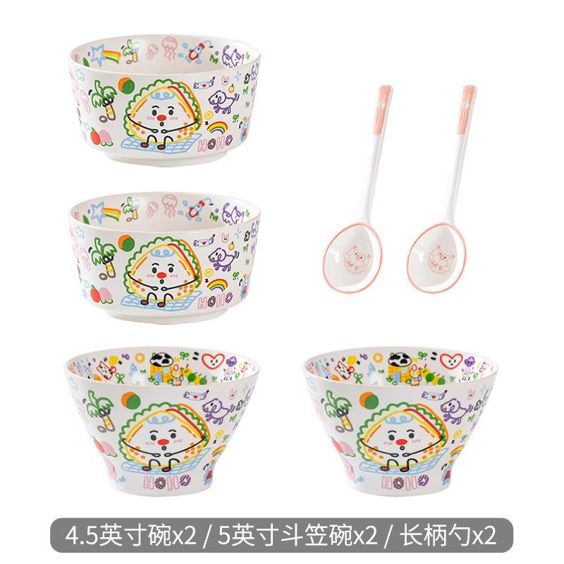 Children's cartoon graffiti cute ceramic bowl girl heart rice bowl with lid cup hat bowl set