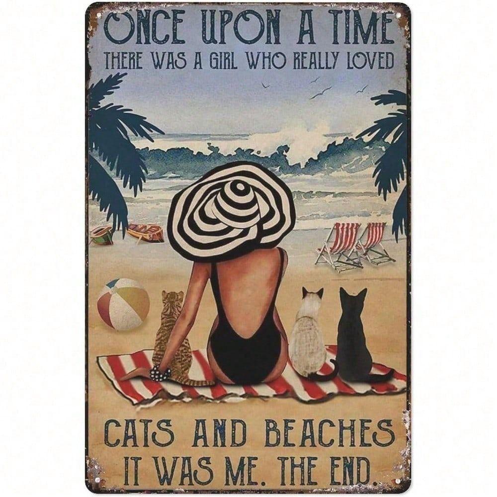 Vintage Cat Girl Beach Metal Poster Wall Art Retro Bar Cafe Kitchen Decor