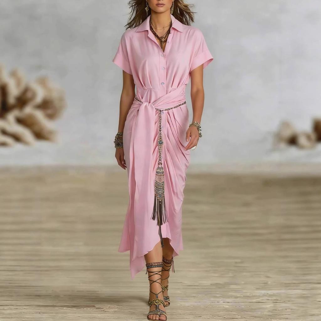 Women's -color Short-sleeved Pleated Bohemian Shirt Dress