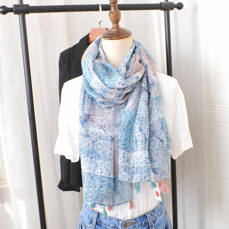 Ethnic Style Blue and White Porcelain Cotton and Linen Scarf, Women's Artistic Shawl, Travel Sunscreen Scarf, Office Shawl