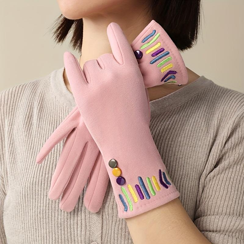 Women'S Winter Cycling Gloves - Thickened Fleece-Lined Full-Finger Warmth,Soft Pink with Multicolor Embellishments (Pink, Yellow, Green