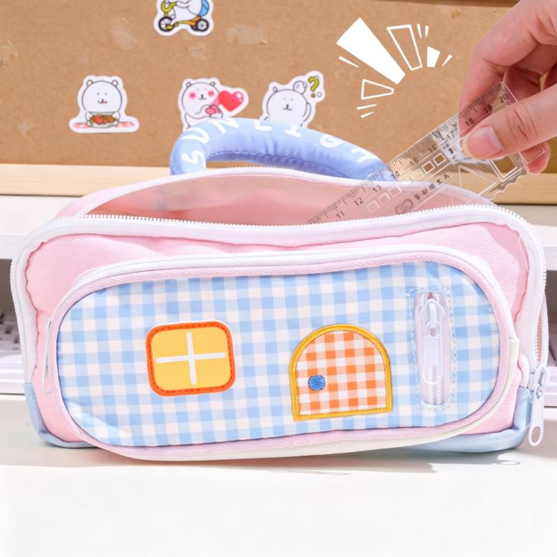 Cute House-themed Handheld Pencil Case, Checkered Print Multi-pocket Stationery Bag