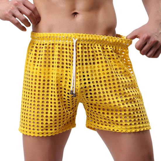 Erotic Men Solid Color Mesh See Through Hollow out Drawstring Shorts Beach Pants