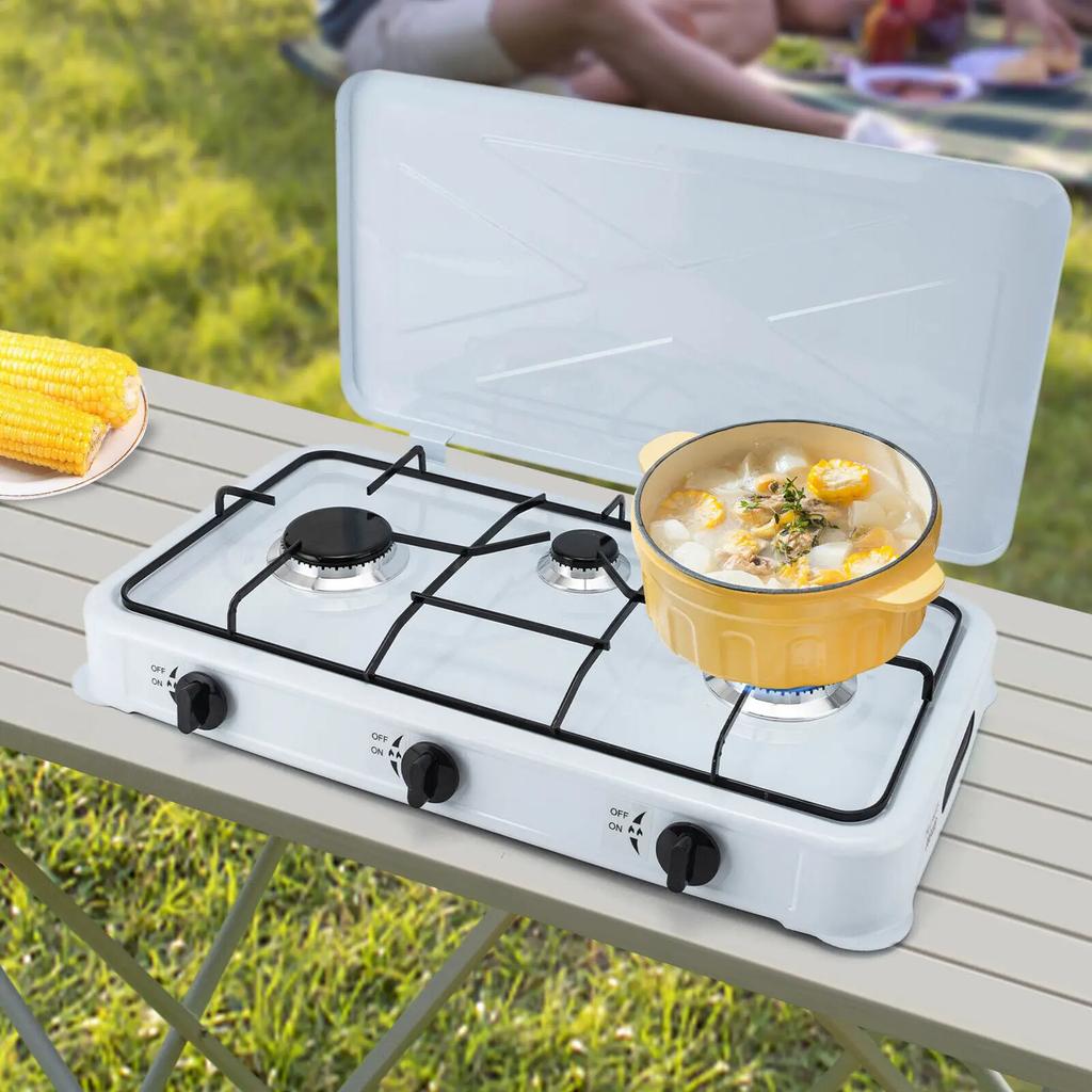 White Built-in 3-Burner Gas Cooktop Rectangular Cast Aluminum with Hose camping equipment