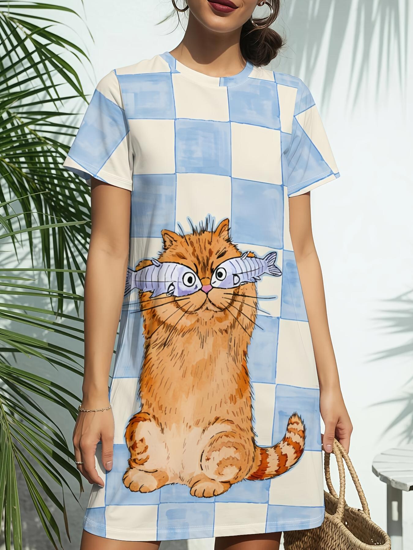 

Women s Cat Checkerboard Print T-Shirt Dress - Short Sleeve Round Neck Casual Dress with Cat ; Checkerboard. Spring Summer Blouse Dress Suitable for D L дубильна кора