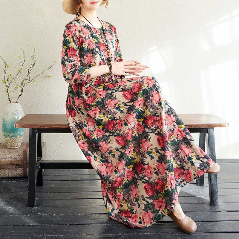 

Floral Vacation Style Travel Round Neck Vintage Dresses 2XL