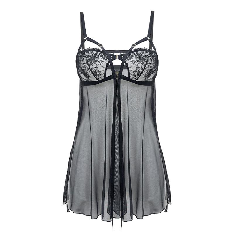 Lace Embroidered Sexy Nightgown Set: Tulle See-through Camisole with Slit