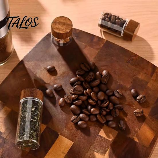Talos Glass Mini Storage Jar, with Wood Lid, Moisture Proof Portable Small Container, for Coffee Beans Tea Sugar Spices Kitchen Organizer
