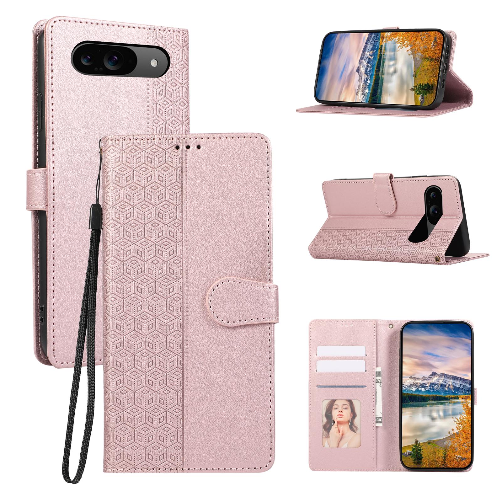 

For Google Pixel 10 Pro/Pixel 10/Pixel 9 Pro/Pixel 9 Case Anti Scratch Splicing Imprinted Rhombus Leather Phone Cover Rose Gold