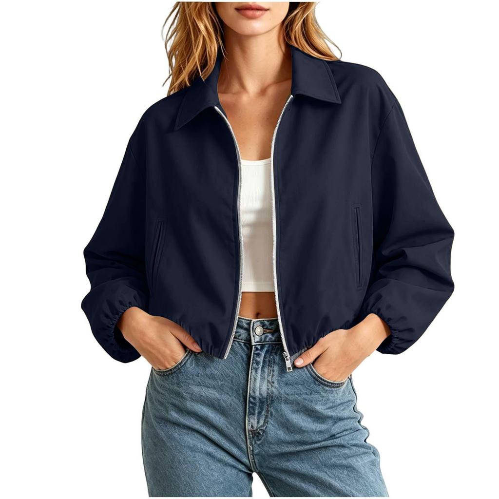 Women's Fashion Short Loose Fit Puffy Zipper Long Sleeve Jacket Outerwear