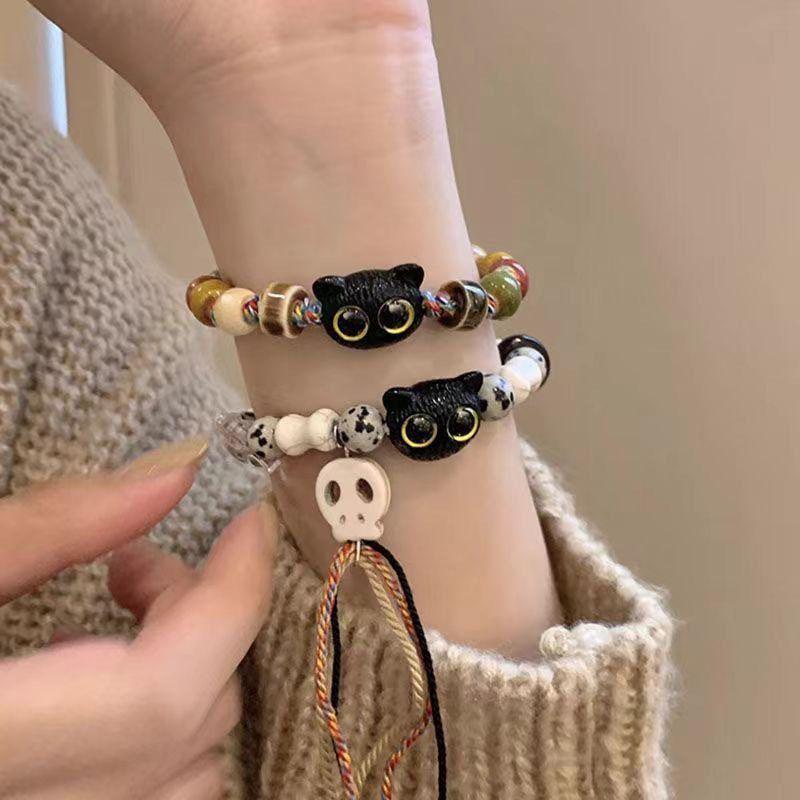 Pulseira de Corda Gatinho Esqueleto: Unissex, Design Único, Doce & Descolado, Borla Estilo Chinês, Contas Coloridas, Acessório Feito à Mão