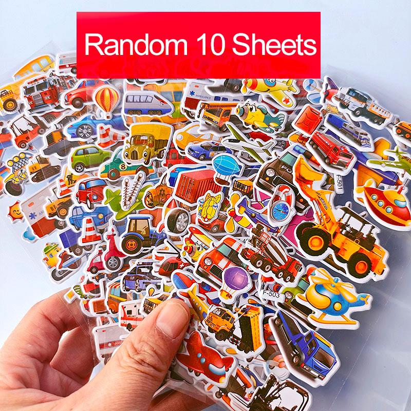 

10 Sheets Kids 3D Puffy Stickers Cute Cartoon Vehicle Stickers Scrapbook Diary Album Stickers for Children Toy Gift for Boy Girl