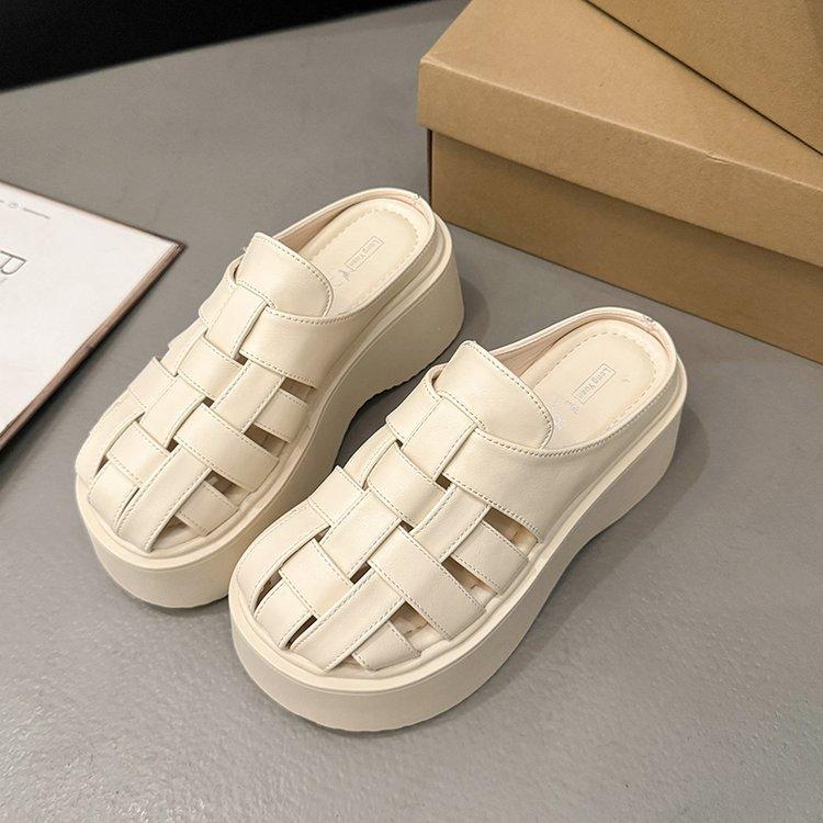 Thick bottom heightening bag head half slippers women's summer wear 2025 new summer fashion hollow muffin beach cool slippers