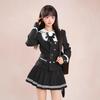 Japanese Academy Style Black Striped Double-Breasted Jacket & Pleated Skirt Set for Women, Autumn/Winter Collection