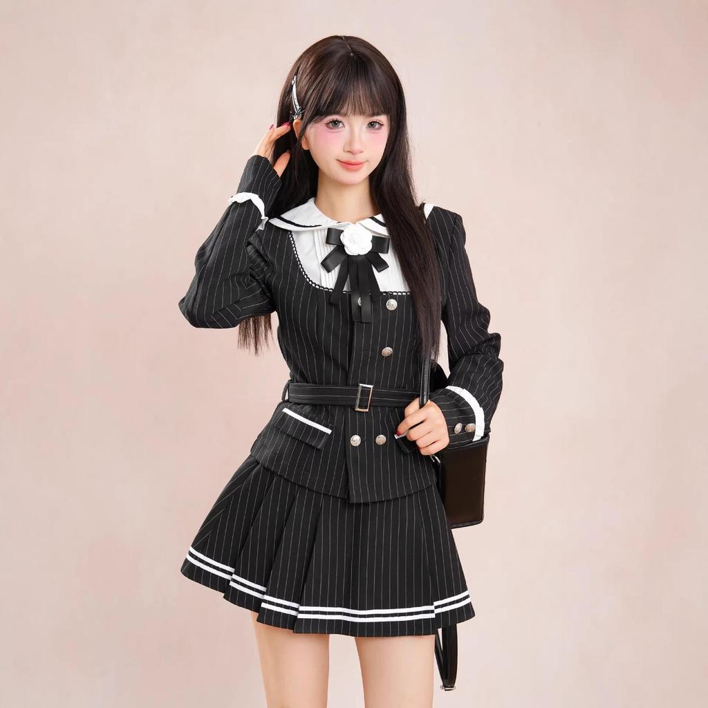 Japanese Academy Style Black Striped Double-Breasted Jacket & Pleated Skirt Set for Women, Autumn/Winter Collection