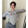 Top da donna autunno/inverno con design a nappe, girocollo, maniche lunghe, vestibilità slim