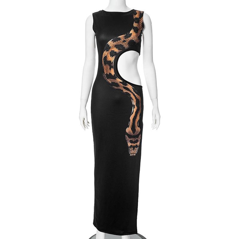 

European and American Women s Summer Snake Print Slim-Fit Cutout Slit Dress S