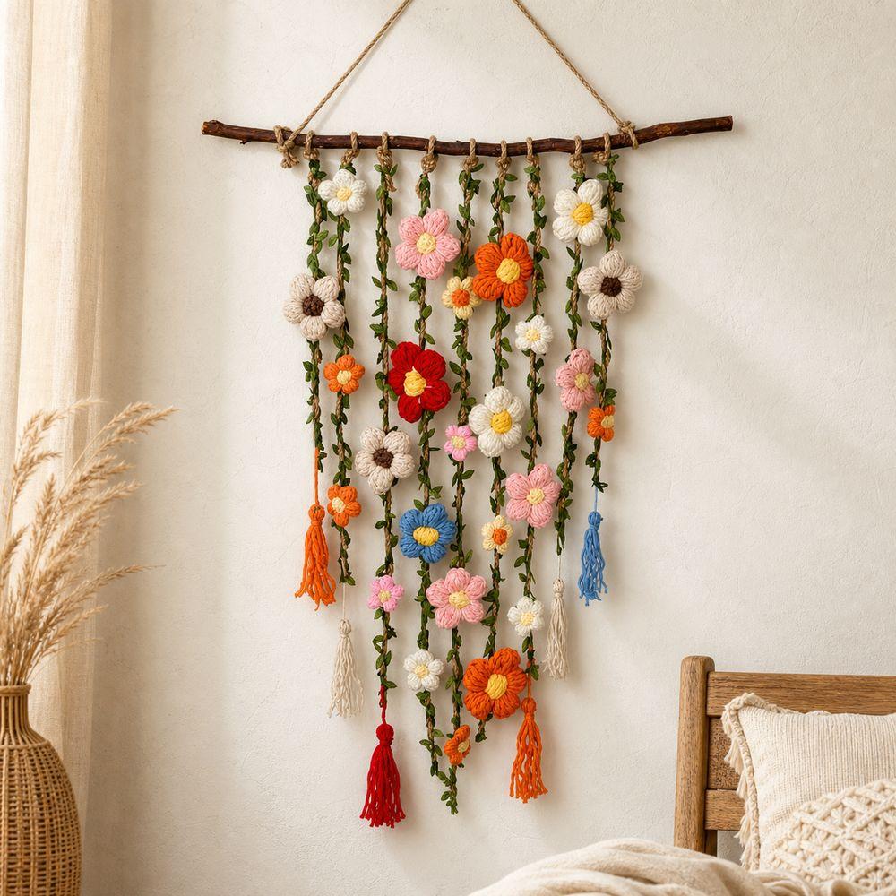 Wooden Branch Crochet Wall Hanging Yarn Floral Tapestry Macrame Wall Hanging  Living Room Decor