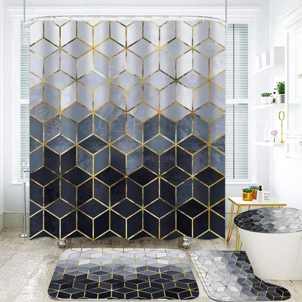 VIKAMA Brown Shower Curtain Set Modern Geometric Shower Curtain Set Gold Cube Lines Artistic Texture Bathroom Decor with Hooks
